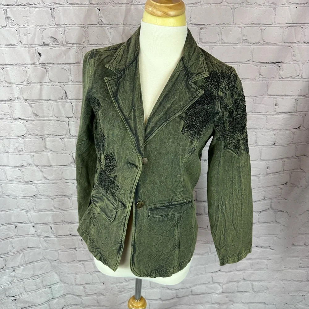 vintage coldwater creek embroidered denim olive green jacket blazer sz 6